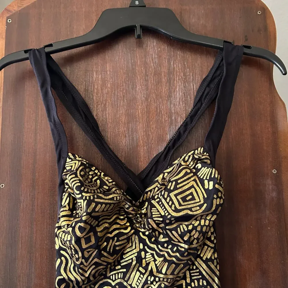 Vintage 90's Athena Black and Gold Patterned One Piece Swimsuit Size 10